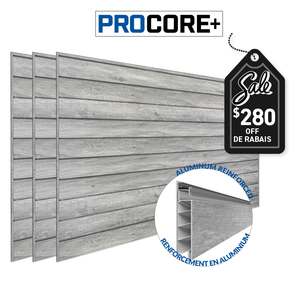 4 ft. x 8 ft. PROCORE+ Gray Wood PVC Slatwall – 3 Pack 96 sq ft
