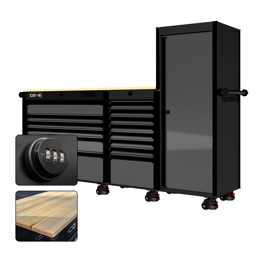 88 Series - 13 Drawers with Tall Locker - Black Handles - Foot Casters