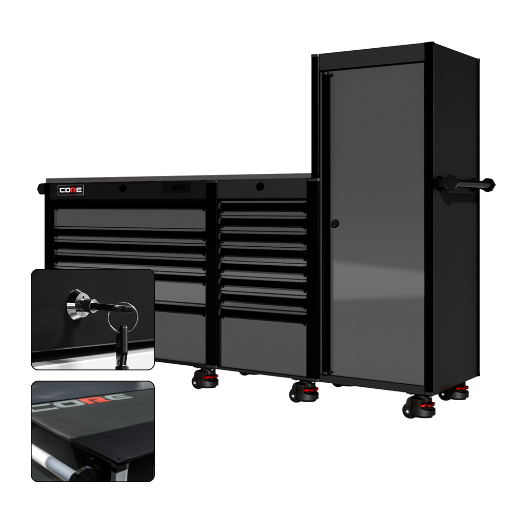 88 Series - 13 Drawers with Tall Locker - Black Handles - Foot Casters