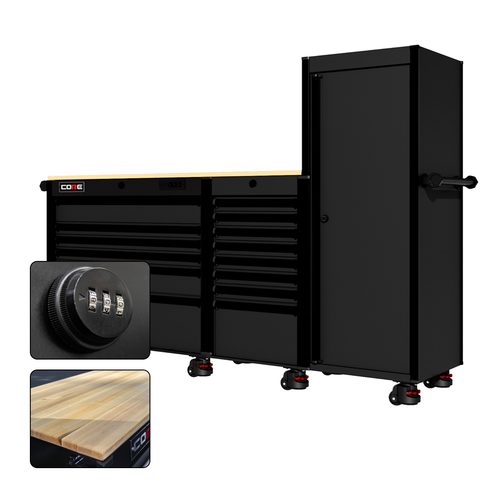 88 Series - 13 Drawers with Tall Locker - Black Handles - Foot Casters