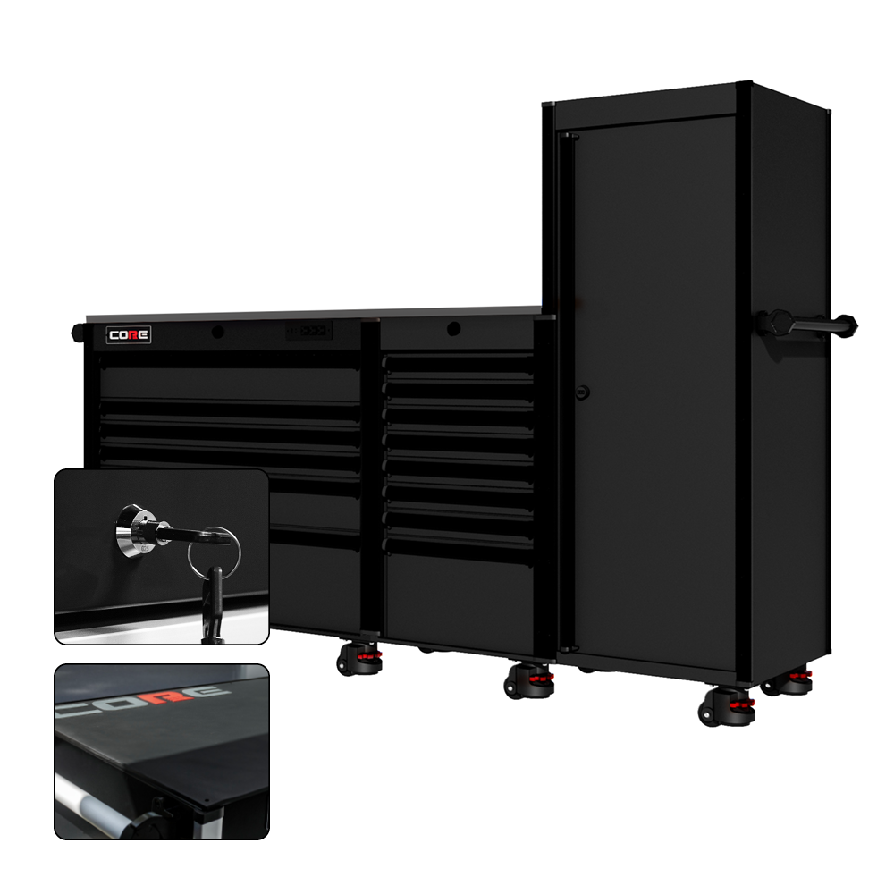 88 Series - 13 Drawers with Tall Locker - Black Handles - Foot Casters