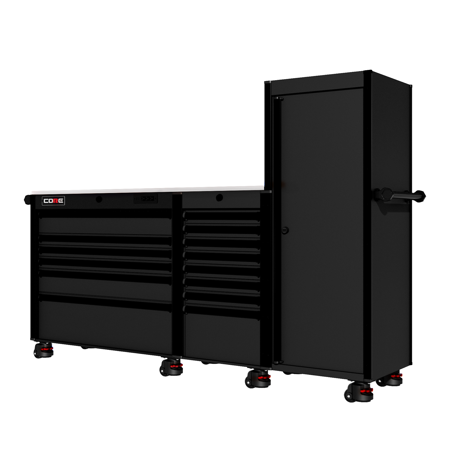 88 Series - 13 Drawers with Tall Locker - Black Handles - Foot Casters