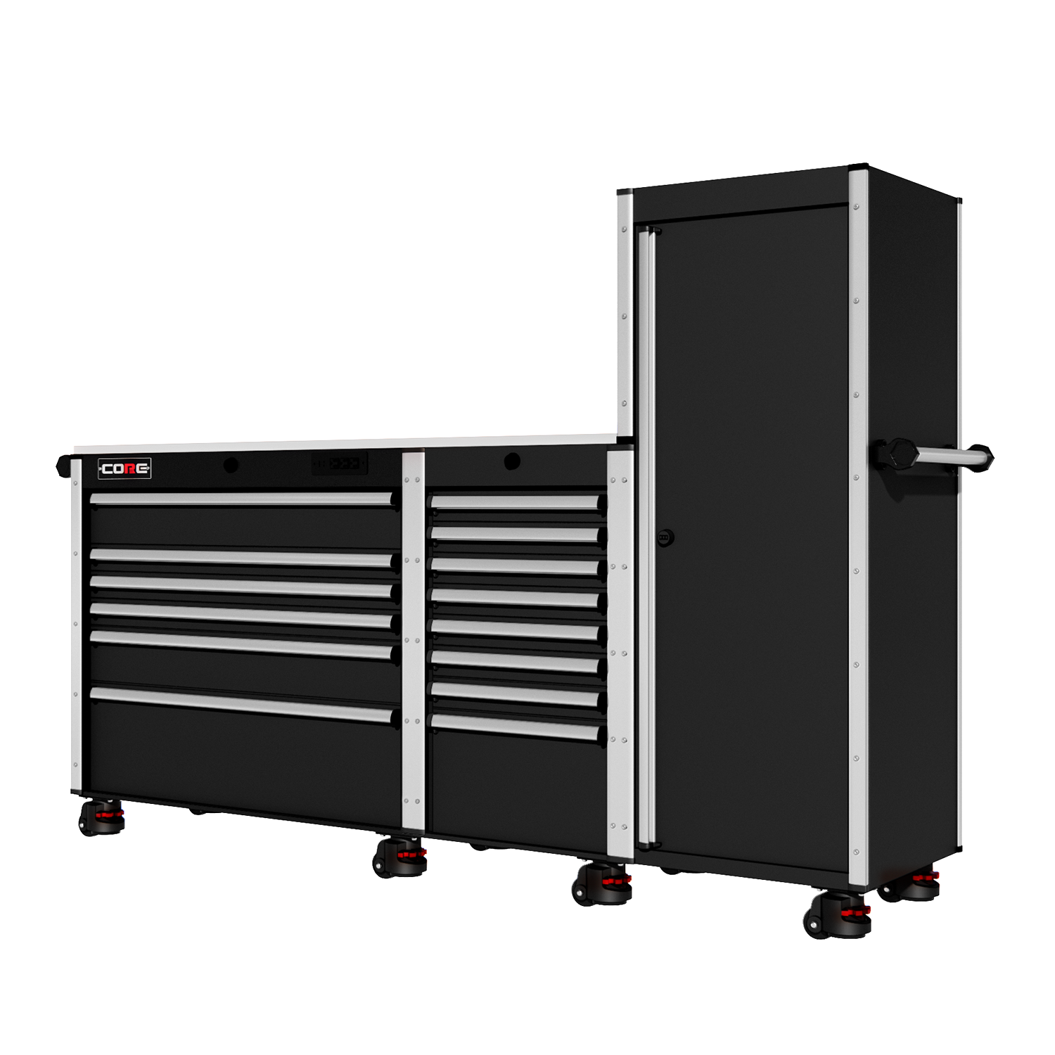 88 Series - 13 Drawers with Tall Locker - Silver Handles - Foot Casters