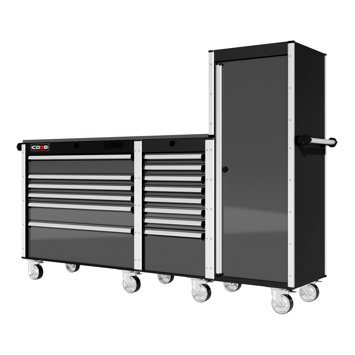 88 Series - 13 Drawers with Tall Locker - Silver Handles - Traditional Casters