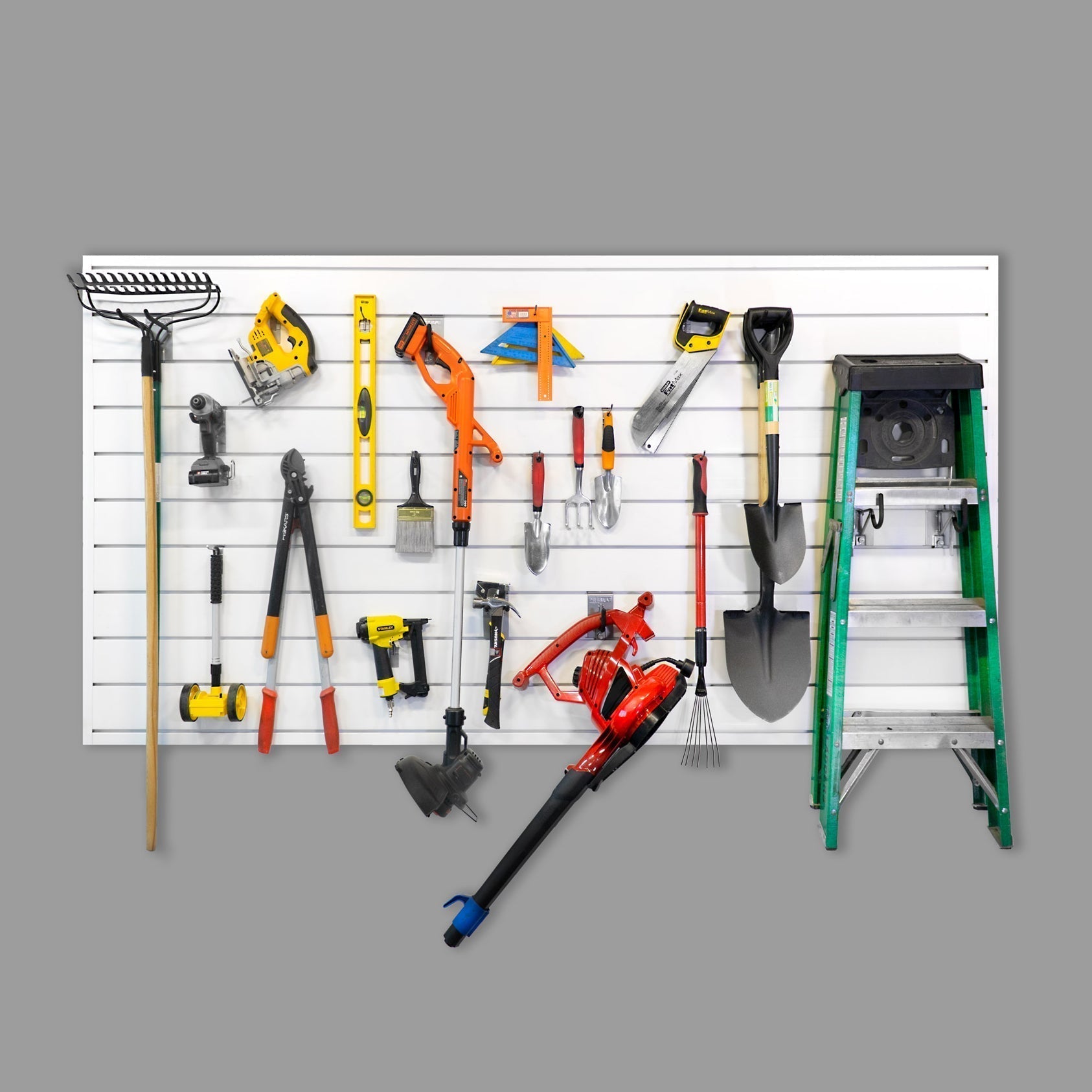 Best Slatwall garage storage system. Durable PVC. Strong Slatwall with a lifetime warranty. 4x8 ft Slatwall Section. White Slatwall. White Slat board . Perfect for garage tool storage. Garage wall organization. Snow blower hook. Garden tool storage. Shed storage. ladder storage. Ladder organization.