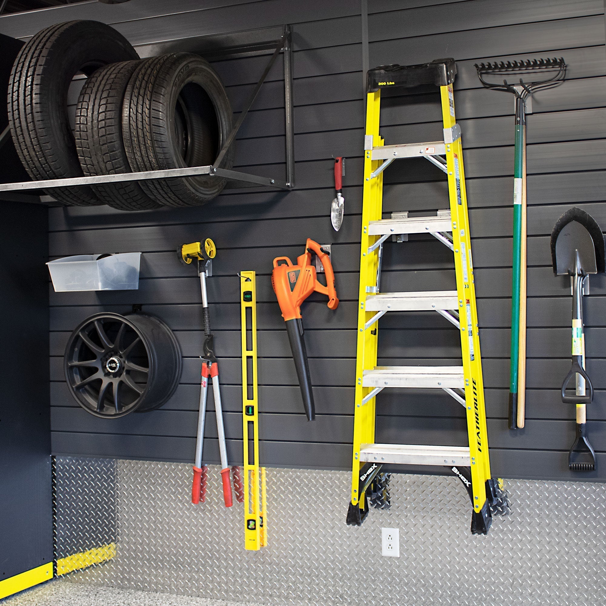 Best Slatwall garage storage system. Durable PVC. Strong Slatwall with a lifetime warranty. 4x8 ft Slatwall Section. Charcoal Slatwall. Charcoal Slat board . Perfect for garage tool storage. Garage wall organization. Ladder storage. Ladder wall hook. 