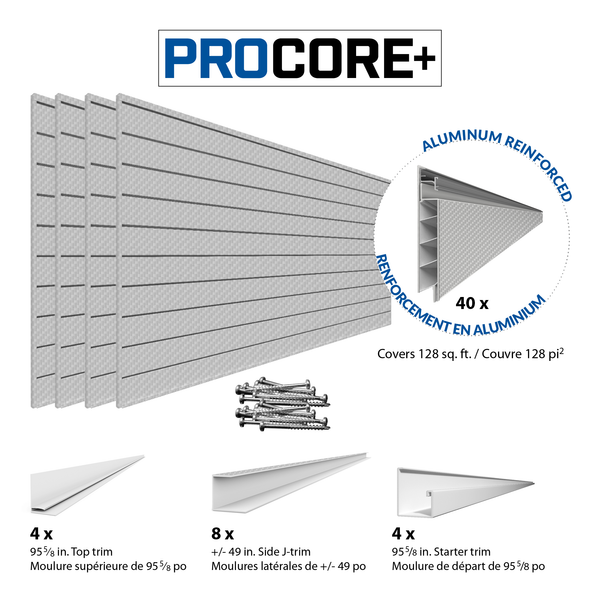 8 ft.  x 4 ft. PROCORE+ Silver gray carbon fiber PVC Slatwall – 4 Pack 128 sq ft