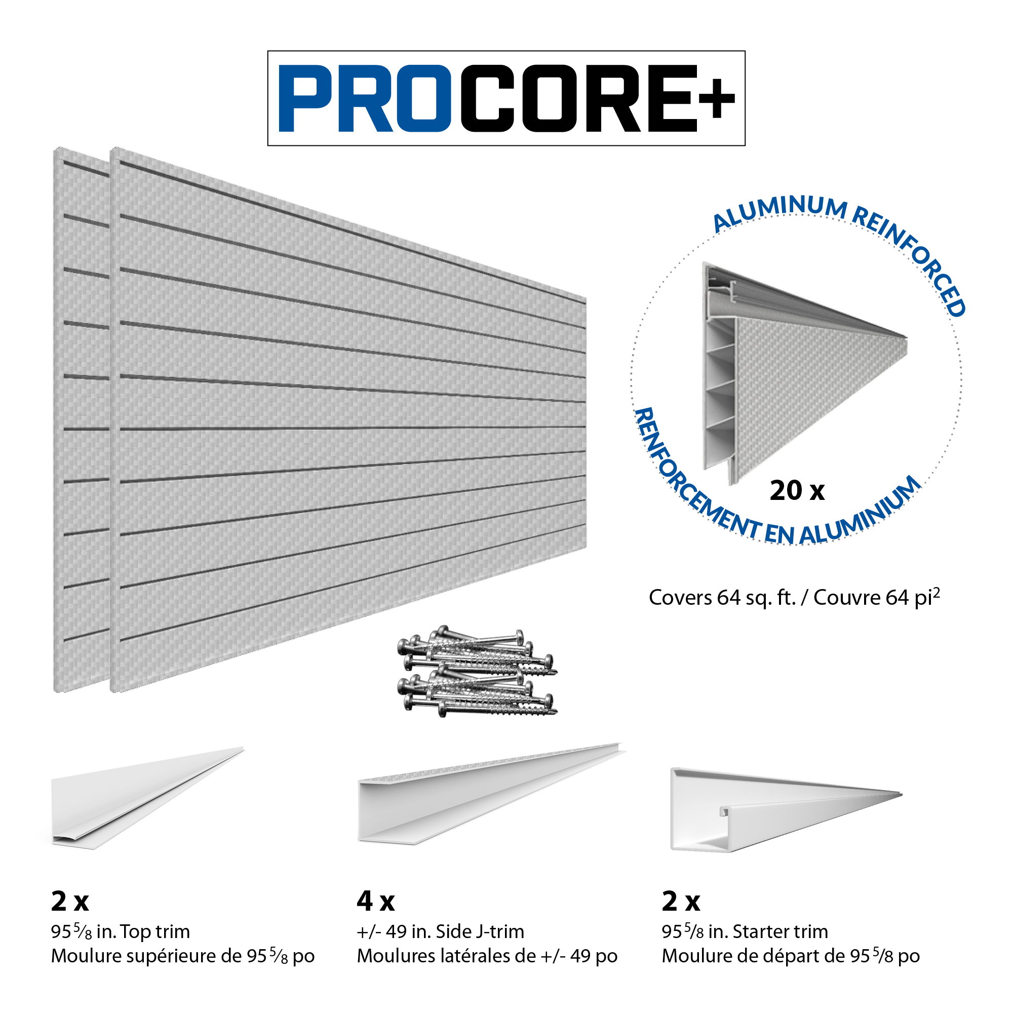 PROCORE+ Panneaux en PVC fibre de carbone grise argentée de 8 pi x 4 pi – Ensemble de 2 – 64 pieds carrés